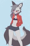 anthro blue_background blush bottomwear bra clothing collar female fluffy fluffy_tail fur hand_in_pocket jacket midriff navel pockets red_sclera shorts simple_background solo spiked_collar spikes standing tail topwear underwear b-epon helluva_boss mythology loona_(helluva_boss) canid canid_demon canine demon hellhound mammal mythological_canine mythological_creature 2023 absurd_res digital_media_(artwork) hi_res