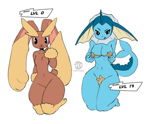 anthro big_ears blue_body bra breast_size_difference breasts brown_body clothing duo female female_anthro flat_chested genitals nipples nude open_mouth simple_background smile tail text underwear vulva white_background ventoza nintendo pokemon eeveelution generation_1_pokemon generation_4_pokemon lopunny mammal pokemon_(species) staryu vaporeon absurd_res hi_res
