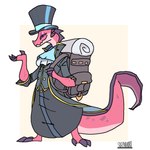 anthro backpack clothing fancy_clothing female hat headgear headwear merchant solo top_hat skrivhatoro kobold absurd_res hi_res