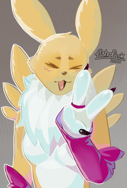 3_fingers anthro armwear breasts clothing featureless_breasts female female_anthro fingers fur gesture hand_gesture happy multicolored_body multicolored_fur simple_background small_breasts solo v_sign white_body white_fur yellow_body yellow_fur tt3trop4ck bandai_namco digimon canid digimon_(species) digmon mammal renamon 2026 absurd_res dated half-length_portrait hi_res portrait