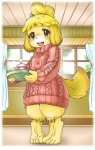 anthro beverage blonde_hair blue_eyes blush cable_knit_jersey carrying_another clothing container cup female food fur green_eyes hair kemono open_mouth solo sweater tea topwear yellow_body yellow_fur setouchi_kurage animal_crossing nintendo isabelle_(animal_crossing) canid canine canis domestic_dog mammal shih_tzu toy_dog