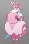 absurd_res anthro areola belly big_areola big_breasts breasts countershading curvy_figure digital_media_(artwork) eeveelution featureless_crotch female female_anthro fluffy fluffy_tail frozentrovador fupa generation_5_pokemon generation_6_pokemon gradient_hair hair hi_res horn huge_thighs hybrid long_neck looking_aside mostly_nude navel neckwear nintendo nipples non-mammal_nipples overweight overweight_female pink_body pink_countershading pink_hair pokemon pokemon_(species) ponytail sagging_breasts scarf scarf_only scolipede small_head solo sylveon tail teal_hair thick_calves thick_neck thick_thighs voluptuous wide_hips