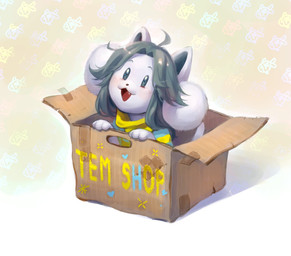 3_toes 4_ears ahoge ambiguous_gender blue_clothing blue_shirt blue_text blue_topwear box brown_nose clothed clothed_feral clothing container cute_fangs daww eyebrows fangs feet feral fluffy_ears fur grey_eyebrows grey_eyes grey_hair hair handpaw in_box in_container looking_at_viewer multi_ear multicolored_clothing multicolored_shirt multicolored_topwear open_:3 open_mouth open_smile pattern_background paws red_tongue shirt simple_background smile solo tail tape teeth text thin_eyebrows toes tongue topwear two_tone_clothing two_tone_shirt two_tone_topwear white_body white_ears white_fur white_tail yellow_clothing yellow_shirt yellow_text yellow_topwear starcatbloom undertale undertale_(series) temmie_(undertale) mammal tem digital_media_(artwork) digital_painting_(artwork) hi_res painting_(artwork) shaded
