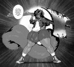 anthro axe big_bulge blood bodily_fluids bulge clothed clothing dialogue femboy looking_at_viewer male melee_weapon smile solo standing text thick_thighs weapon wide_hips boosterpang louis_(grendelrat) mammal english_text greyscale monochrome