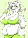 anthro bag belly big_breasts bodily_fluids bottomwear bra breasts cleavage clothed clothing dessert doughnut eating fangs female fluffy food fur green_eyes hair heart_symbol long_hair midriff navel overweight overweight_anthro overweight_female pants pastry simple_background smile solo sweat teeth tongue underwear white_body white_fur nzuuure canid canine mammal 3:4 digital_media_(artwork) green_and_white monochrome