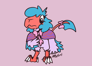 accessory adjusting_clothing beak blue_body blue_feathers blue_hair blue_tail bow_ribbon capelet claws clothing feathers feet female feral furgonomics hair looking_down monotone_background pink_bow purple_body purple_feathers red_beak red_tail ribbons simple_background solo tail tail_accessory tail_bow tail_ribbon talons toes psykwol nintendo pokemon phoebe_the_archen_(psykwol) archen fossil_pokemon generation_5_pokemon pokemon_(species) trans_(lore) trans_woman_(lore)