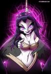 5_fingers bra breasts cleavage clothed clothing female fingers gesture glowing glowing_eyes hand_gesture looking_at_viewer midriff monster_girl_(genre) pointing pointing_at_viewer purple_eyes smile solo teal_sclera underwear white_body white_skin linkerluis shantae:_half-genie_hero shantae_(series) wayforward bonelegs animal_humanoid arachnid arthropod humanoid