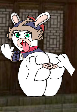 3_fingers ambiguous_gender anthro anus armor big_butt blue_armor blue_helmet bottomless bottomless_anthro bottomless_female buckteeth butt chinese_armor clothed clothed_anthro clothed_female clothing disembodied_hand duo eyelashes featureless_legs female female_anthro fingers fur green_eyes hand_on_another's_butt hand_on_butt huge_butt leaning leaning_forward leaning_on_wall long_ears looking_at_viewer noseless open_mouth pauldron pink_tongue red_scarf scarf screencap screencap_background solo_focus spread_anus spreading standing tan_anus tan_body tan_inner_ear tan_skin teeth thick_thighs tongue tongue_out white_body white_fur underlewded raving_rabbids rayman_(series) ubisoft lagomorph mammal rabbid 2022 colored digital_drawing_(artwork) digital_media_(artwork) english_description hi_res shaded story story_in_description