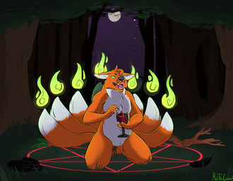 anthro beverage countershade_neck countershade_torso countershading dipstick_tail fur glowing glowing_eyes grass grey_body grey_fur holding_beverage holding_object kneeling male male_anthro markings moon multi_tail night nude nude_anthro nude_male open_mouth orange_body orange_fur outside plant solo star summoning_circle tail tail_markings teeth tongue tree white_body white_fur meldritchhorror sunoth canid canine fox mammal 2017