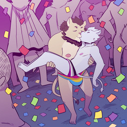 age_difference ambiguous_gender anthro anthro_on_anthro areola asexual_pride_colors barefoot big_bulge body_hair bottomwear bulge butt cape carrying_another celebration chest_hair clothed clothing confetti duo_focus eyebrows eyes_closed feet fur group kissing lgbt_pride male male/male male_focus mane muscular muscular_anthro muscular_male navel nipples pansexual_pride_colors parade pecs pride_color_bottomwear pride_color_clothing pride_color_speedo pride_color_swimwear pride_colors public purple_background rainbow_pride_colors shadow silhouette simple_background smile speedo standing swimwear topless topless_anthro topless_male tuft t0l0k lgbt_pride_month mal_(fluorinatedfurry) ross_(fluorinatedfurry) ambiguous_species felid lion mammal pantherine 2026 absurd_res hi_res father_(lore) father_and_child_(lore) father_and_son_(lore) incest_(lore) parent_(lore) parent_and_child_(lore) parent_and_son_(lore) son_(lore)
