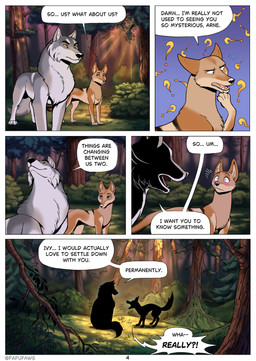 ambiguous_feral ambiguous_gender blush brown_body brown_fur dialogue digitigrade duo feral fur grey_body grey_fur quadruped speech_bubble text papupaws canid canine canis coyote mammal wolf colored comic digital_media_(artwork) english_text hi_res female_(lore) male_(lore)