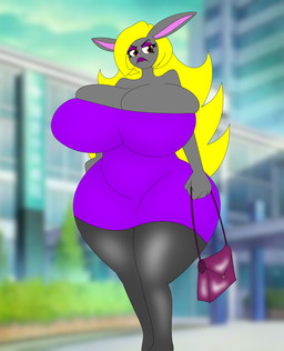 anthro barely_contained big_breasts big_butt blonde_hair breasts brown_eyes butt clothing cool1263iej dress female frown grey_body hair hand_on_hip huge_breasts huge_butt hyper hyper_breasts hyper_butt leggings legwear lipstick looking_away makeup mature_female nylons periass purple_clothing purple_dress purse solo thick_thighs tight_clothing tight_dress wide_hips foxtide888 shirley_morkov lagomorph leporid mammal rabbit