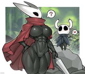 abs anthro big_breasts black_body black_eyes blue_cloak blue_clothing blush blush_lines breasts cloak cloak_only clothing duo featureless_breasts female female_anthro genitals gesture hand_on_hip hand_on_own_hip heart_symbol holding_object holding_weapon larger_female looking_at_another male male_anthro mostly_nude mostly_nude_anthro mostly_nude_female motion_lines muscular muscular_anthro muscular_female navel question_mark red_cloak red_clothing size_difference smaller_male speech_bubble standing text thick_thighs thigh_gap vulva waving weapon wide_hipped_anthro wide_hipped_female wide_hips rd-rn00 hollow_knight_(franchise) team_cherry hornet_(hollow_knight) the_knight_(hollow_knight) arthropod insect vessel_(species) 2025 absurd_res artist_name digital_media_(artwork) hi_res