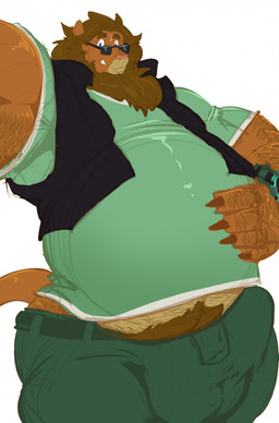 anthro balls barazoku big_balls big_bulge big_penis bodily_fluids bottomwear bulge clock clothing eyewear genitals glasses huge_balls huge_bulge huge_penis hyper hyper_balls hyper_bulge hyper_genitalia hyper_penis looking_at_viewer male musclegut muscular muscular_anthro muscular_male pants penis pocketwatch rectangular_glasses simple_background sleeveless_jacket solo sweat watch white_background bobert drake_(bobert) felid lion mammal pantherine 2019 hi_res