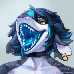 anthro black_choker black_hair black_jewelry black_necklace blue_hair blue_insides blue_tongue bodily_fluids choker collarbone ear_piercing grey_body hair jewelry male mouth_shot multicolored_hair necklace open_mouth open_smile piercing saliva saliva_on_tongue saliva_string sharp_fangs sharp_teeth short_hair simple_background smile solo teeth tongue tongue_out two_tone_hair white_body yellow_eyes kysokofwater aquatic fish shark 1:1 2025 colored digital_media_(artwork) hi_res portrait shaded