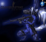 4_toes abs anthro ar-15 assault_rifle black_background blue_body blue_eyes blue_fur bodysuit breasts clothing crouching digitigrade eyewear feet female fingerless_gloves fur furgonomics gas_mask gloves goggles gun hair handwear holding_gun holding_object holding_ranged_weapon holding_weapon m4 mask ponytail ranged_weapon rifle side_view simple_background skinsuit solo text tight_clothing toes weapon white_hair krinkels counter-strike counter_strike:_global_offensive e621 valve cyera canid canine mammal 2013 english_text full-length_portrait portrait signature