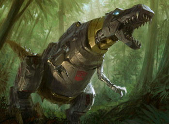 ambiguous_gender detailed_background feral forest glowing glowing_eyes grass jungle machine metallic_body open_mouth plant solo standing tail tree tyler_jacobson hasbro magic:_the_gathering takara_tomy transformers wizards_of_the_coast grimlock cybertronian dinosaur prehistoric_species reptile robot saurischian scalie theropod tyrannosaurid tyrannosauroid tyrannosaurus tyrannosaurus_rex digital_media_(artwork) official_art