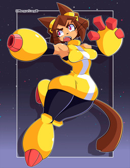 4_fingers anthro arm_cannon breasts brown_body brown_fur brown_hair clothing eyebrows eyelashes female fingers fur hair medium_breasts red_eyes robotic_arm solo spread_legs spreading thick_thighs weapon_arm whiskers wide_hips megasagx gameoverse glitch_productions kit_bodega domestic_cat felid feline felis mammal 2026 absurd_res hi_res