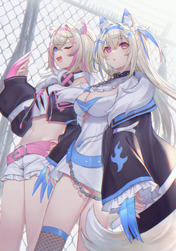 accessory animal_ears band-aid bandage bare_legs belt big_breasts black_choker black_clothing black_coat black_jacket black_jewelry black_necklace black_topwear blonde_hair blue_eyes blue_nails blush breasts chain_accessory choker claw_(weapon) cleavage clothed clothing coat colored_nails crop_top cute_fangs electronics fake_horns fangs female fishnet_clothing fishnet_legwear fishnet_pantyhose fluffy_ears fur_coat fur_jacket hair hair_accessory hand_on_wrist headgear headphones headset highlights_(coloring) jacket jewelry legwear long_hair melee_weapon microdress multicolored_clothing multicolored_coat multicolored_topwear nails navel necklace one_eye_closed open_mouth pantyhose pink_eyes pink_nails raised_hand shirt short_hair small_breasts tail teeth topwear two_tone_clothing two_tone_coat two_tone_jacket two_tone_topwear weapon white_clothing white_crop_top white_topwear shikinagi hololive hololive_en vtuber fuwawa_abyssgard mococo_abyssgard animal_humanoid canid canid_humanoid canine canine_humanoid dog_humanoid humanoid mammal mammal_humanoid hi_res