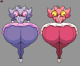 big_butt bottomwear butt clothed clothing dipstick_tail duo female hair hands_on_hips huge_butt long_tail markings pink_ears pink_hair purple_ears purple_hair rear_view skirt tail tail_markings tail_motion thick_thighs cyanu deltarune undertale_(series) irritable_ghost_(deltarune) mad_mew_mew mew_mew_(undertale) pink_(deltarune) animal_humanoid cat_humanoid felid felid_humanoid feline feline_humanoid humanoid mammal mammal_humanoid animated animated_png digital_media_(artwork) loop pixel_(artwork) pixel_animation