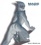 2008 alien all_fours anthro anus arched_back backsack balls bioware bodily_fluids butt digitigrade electronic_arts erection garrus_vakarian genital_fluids genitals looking_at_viewer looking_back male mass_effect narse nude open_mouth penis precum presenting presenting_hindquarters rear_view simple_background solo turian white_background