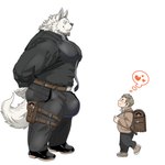 abs age_difference anthro backpack beard belt big_bulge big_muscles big_pecs bodyguard bottomwear bulge clothing duo eye_contact facial_hair footwear fur grey_hair hair heart_symbol human_on_anthro hyper interspecies jacket kemono larger_anthro larger_male looking_at_another male male/male muscular muscular_anthro muscular_male older_anthro older_male pants pecs platinum_blonde_hair president shoes size_difference smaller_human smaller_male suit tail topwear white_body white_fur young younger_human younger_male chan_kiti_chan canid canine canis human mammal wolf 1:1 hi_res