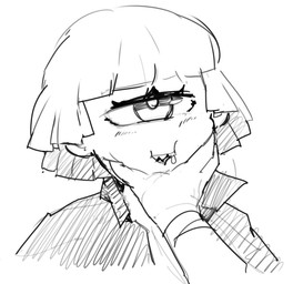 1_eye big_eyes blush bodily_fluids clothed clothing disembodied_hand drooling duo eyelashes face_grab female hair half-closed_eyes jacket narrowed_eyes noseless not_furry saliva sharp_teeth simple_background teeth topwear white_background galaxyspark annie_(anaid) cyclops humanoid tailclops_(race) tailclops_(species) black_and_white bust_portrait monochrome portrait