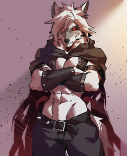 abs anthro arm_guards armband athletic athletic_anthro athletic_female bangs belt belt_buckle bottomwear bra breasts buckle claws cloak clothing crossed_arms crossgender ear_piercing facial_markings female front_view fur glowing glowing_eyes grin hair half-closed_eyes head_markings looking_at_viewer markings mask_(marking) mtf_crossgender narrowed_eyes pants piercing red_eyes simple_background smile solo standing studded_belt studded_clothing studs teeth torn_clothing underwear white_body white_fur whymete dreamworks puss_in_boots_(franchise) death_(puss_in_boots) canid canine canis mammal wolf hi_res signature