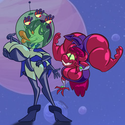 3_eyes big_breasts breasts demonic duo female floating green_body green_skin lips lipstick makeup multi_eye red_body red_skin sharp_teeth slightly_chubby slightly_chubby_female snout space teeth thick_lips toonvasion dc_comics teen_titans raven_(dc) starfire_(teen_titans) alien demon 1:1 absurd_res hi_res