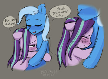 abuse blue_body blue_hair blush bodily_fluids broken_horn crying dialogue duo duo_focus ear_piercing ears_down eyes_closed female female/female feral grey_background group hair hooves horn hug hugging_another looking_down multicolored_hair piercing pink_body pivoted_ears purple_hair semi-anthro sexist_slur simple_background slur smile speech_bubble stockholm_syndrome tears two_tone_hair bloodymrr friendship_is_magic hasbro mlp_g4 my_little_pony mythology starlight_glimmer_(mlp) trixie_(mlp) equid equine horse mammal mythological_creature mythological_equine pony unicorn half-length_portrait hi_res portrait