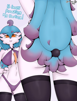 3_fingers ahoge areola big_breasts big_butt blue_hair breasts butt clothing costume dialogue female fingers gradient_hair hair hair_over_eye halloween_costume hands_on_hips holidays legwear long_hair low-angle_view not_furry one_eye_obstructed orange_eyes pink_areola rear_view reflection solo text thick_thighs thigh_highs nobori halloween nintendo pokemon devoid_(nobori) gardevoir generation_3_pokemon humanoid pokemon_(species) shiny_pokemon 2022 absurd_res english_text hi_res signature