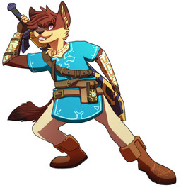 anthro belt boots bottomwear clothed clothing cosplay footwear fully_clothed male master_sword melee_weapon pants purple_eyes sheikah_slate shirt shoes simple_background smile solo standing sword tablet_computer topwear tunic weapon white_background artsbymilky nintendo the_legend_of_zelda koen_the_fox canid canine fox mammal 2019 signature