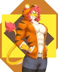 abs anthro bottomless breasts cleavage clothed clothing female hair hoodie jacket jacket_only muscular muscular_female navel pink_hair solo stripes topwear topwear_only wristband captainjohkid felid lion mammal pantherine 4:5 hi_res