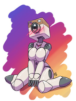 biped blush blush_lines breasts camera female gradient_background machine pose simple_background sitting solo text wariza deathzera instagram humanoid robot artist_name digital_drawing_(artwork) digital_media_(artwork) handwritten_text hi_res pinup