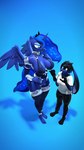 3_toes 5_fingers 5_toes anthro anthrofied armor big_breasts big_ears black_body black_fur black_hair blue_background blue_body blue_eyes blue_fur breasts cleavage clothed clothing crown curvy_figure cutie_mark duo ethereal_hair ethereal_tail eyelashes feathered_wings feathers feet female fingers floppy_ears fur hair headgear horn long_ears long_tail looking_at_another looking_at_another's_breasts looking_at_breasts multicolored_body multicolored_fur princess royalty side_boob simple_background skimpy smile tail teal_eyes thick_thighs thong tiara toes unconvincing_armor underwear unicorn_horn wide_hips wings conditional_dnp domibun friendship_is_magic hasbro my_little_pony mythology warfare_machine domi_(domibun) princess_luna_(mlp) equid equine lagomorph leporid mammal mythological_creature mythological_equine rabbit winged_unicorn 2024 3d_(artwork) 4k 9:16 absurd_res cool_colors digital_media_(artwork) hi_res source_filmmaker_(artwork)