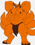 abs anthro armpit_hair big_muscles body_hair bottomwear claws clothed clothing cocky_smile crotch_tuft digitigrade eyebrows feet fluffy fluffy_tail fur hands_behind_head huge_muscles loincloth loincloth_only male multi_tail muscular muscular_anthro muscular_male navel nipples orange_body orange_fur pawpads paws pecs pose presenting raised_eyebrow simple_background smile solo tail teeth toes topless tuft vein xyandrith naruto kurama canid canine demon fox fox_spirit mammal absurd_res hi_res