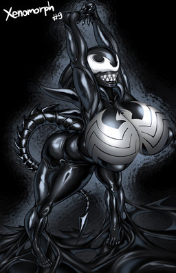 big_breasts black_body black_latex breasts female huge_breasts latex latex_body lips liquid_latex multicolored_body sharp_teeth solo stretching tail teeth thick_lips thick_thighs two_tone_body white_body white_latex rikatsuky alien_(franchise) marvel venom_(marvel) alien humanoid symbiote xenomorph 2025 absurd_res hi_res
