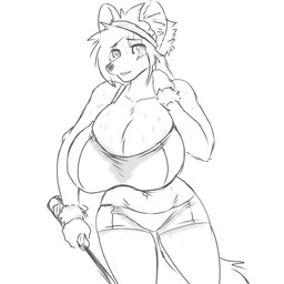 accessory anthro big_breasts blush bodily_fluids breasts clothing female fur hair headband huge_breasts hyper hyper_breasts looking_at_viewer navel solo sweat tennis_racket tight_clothing wide_hips neon-b canid canine mammal 1:1 absurd_res character_request hi_res monochrome