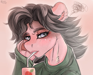 bent_leg black_eyebrows black_mane clothed clothed_female clothed_feral clothing drinking drinking_straw eyebrows eyelashes female feral fur green_clothing green_sweater green_topwear grey_eyes hooves juice_box lidded_eyes light lips mane medium_mane pink_background pink_body pink_fur pink_hooves pink_lips simple_background solo sweater text thinking topwear unguligrade rayrage hasbro my_little_pony fan_character earth_pony equid equine horse mammal pony 2021 artist_name bust_portrait character_request colored digital_drawing_(artwork) digital_media_(artwork) english_description lighting portrait shaded