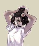 anthro brown_hair clothing ear_piercing female gauged_ear hair looking_at_viewer piercing ponytail shirt simple_background solo t-shirt topwear white_clothing white_shirt white_t-shirt white_topwear heartspark wild_cat 2023 hi_res signature