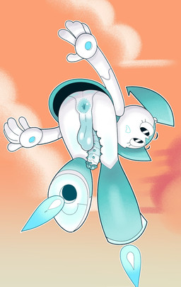 anus balls bent_over blue_fire boots bottomwear butt clothed clothing cloud colored_fire fire flaccid flying footwear genital_piercing genitals gynomorph intersex machine no_underwear orange_sky penis piercing ring_(jewelry) shoes skirt sky solo spiked_penis spikes spikes_(anatomy) twintails_(hairstyle) white_body dogma my_life_as_a_teenage_robot nickelodeon jenny_wakeman humanoid robot robot_humanoid hi_res