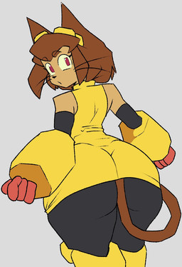 anthro armwear big_butt brown_ears brown_eyebrows brown_hair brown_tail butt clothed clothed_anthro clothed_female clothing eyebrow_through_hair eyebrows eyewear eyewear_on_head female female_anthro goggles goggles_on_head hair huge_butt looking_back rear_view simple_background solo tail tan_body translucent translucent_hair whiskers yellow_armwear yellow_clothing yellow_eyewear yellow_goggles dumbwitchyy gameoverse glitch_productions kit_bodega domestic_cat felid feline felis mammal 2026 digital_drawing_(artwork) digital_media_(artwork) hi_res portrait three-quarter_portrait