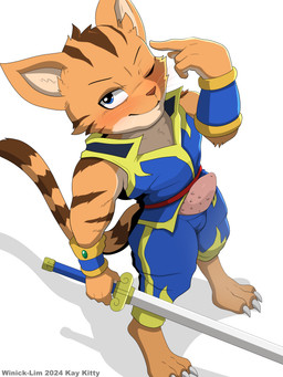 animal_genitalia animal_penis anthro biped black_nose blue_bottomwear blue_clothing blue_eyes blue_pants bottomwear bracelet cheek_tuft claws closed_smile clothed clothing countershade_face countershade_torso countershading digitigrade erection eyebrows facial_tuft feline_genitalia feline_penis genitals high-angle_view holding_melee_weapon holding_object holding_sword holding_weapon jewelry looking_at_viewer male melee_weapon mouth_closed multicolored_body one_eye_closed pants partially_clothed penile_spines penis simple_background smile solo standing sword tan_body toe_claws tuft two_tone_body weapon whiskers white_background white_body white_countershading winick-lim legend_of_kay kay_(legend_of_kay) domestic_cat felid feline felis mammal 2024 3:4 absurd_res hi_res