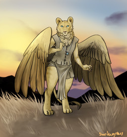 anthro brown_body brown_feathers digitigrade feathered_wings feathers fur jewelry male necklace outside solo sunset teal_eyes wings yellow_body yellow_feathers yellow_fur young stupidsexyrobes felid lion mammal pantherine 2016 hi_res