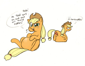 blonde_hair clothing cowboy_hat cutie_mark eating female feral fur green_eyes hair hat headgear headwear inflation orange_body orange_fur overweight overweight_female overweight_feral quadruped simple_background solo tail text white_background mickeymonster friendship_is_magic hasbro my_little_pony applejack_(mlp) earth_pony equid equine horse mammal pony english_text