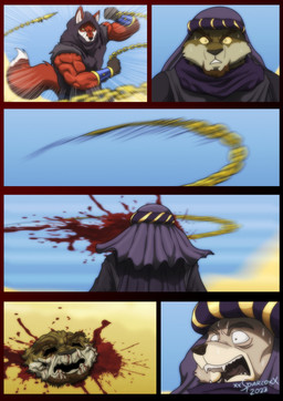 anthro armor attack beard big_muscles blood bodily_fluids bottomwear bracers chain clothed clothing desert facial_hair fur gore group headgear headwear hood male multicolored_body multicolored_fur muscular muscular_male open_mouth red_body red_fur sand sweat teeth topwear torn_face torn_skin trio two_tone_body two_tone_fur white_body white_fur xxsparcoxx acarius_medjay malek_(xxsparcoxx) teofacio_larna ambiguous_species canid canine fox mammal red_fox true_fox 2023 comic digital_media_(artwork) hi_res