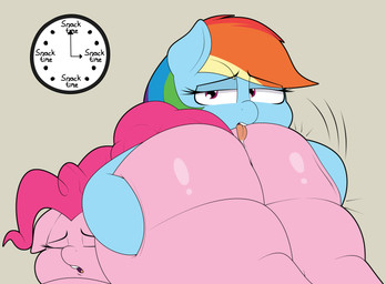 big_butt blue_body bodily_fluids butt clock duo eyes_closed female female/female feral hair huge_butt huge_thighs imminent_anal imminent_sex obese open_mouth overweight overweight_female overweight_feral pink_body pink_hair saliva thick_thighs blitzyflair friendship_is_magic hasbro my_little_pony pinkie_pie_(mlp) rainbow_dash_(mlp) equid equine horse mammal pony absurd_res hi_res