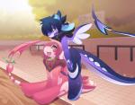 anthro blue_eyes blue_hair day detailed_background duo female hair horn male outside pink_hair sky smile tail tongue rudragon dustfalconmlp mythology dusk_(dustfalconmlp) ru_(rudragon) dragon mythological_creature mythological_scalie scalie