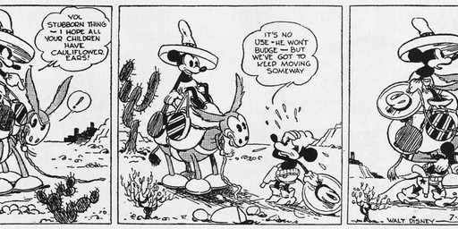 anthro bodily_fluids bottomwear cactus clothed clothing cowboy_hat desert dialogue female feral fingers flying_sweatdrops gloves group gun handgun handwear hat headgear headwear male open_mouth outside plant quadruped ranged_weapon sombrero standing sweat sweatdrop teeth text trio weapon floyd_gottfredson roy_nelson disney public_domain mickey_mouse minnie_mouse equid equine hybrid mammal mouse mule murid murine rodent 1930 20th_century absurd_res ancient_art black_and_white hi_res long_image monochrome wide_image