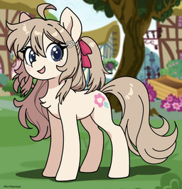 accessory ahoge alternate_species bangs blue_eyes blurred_background building chest_tuft cutie_mark eyelashes female feral feralized flower fur grass_field hair hair_accessory hair_ribbon heart_hair_accessory house long_hair looking_at_viewer open_mouth open_smile outside pigtails plant ponification ponyville quadruped red_ribbon ribbons side_view smile solo tan_body tan_fur tan_hair text tree tuft white_hair_accessory mantisprayer22 friendship_is_magic hasbro my_little_pony vtuber neuro-sama earth_pony equid equine horse mammal pony 2025 artist_name cel_shading full-length_portrait hi_res portrait shaded